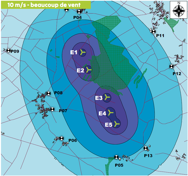 Carte acoustique à 10 m/s - beaucoup de vent